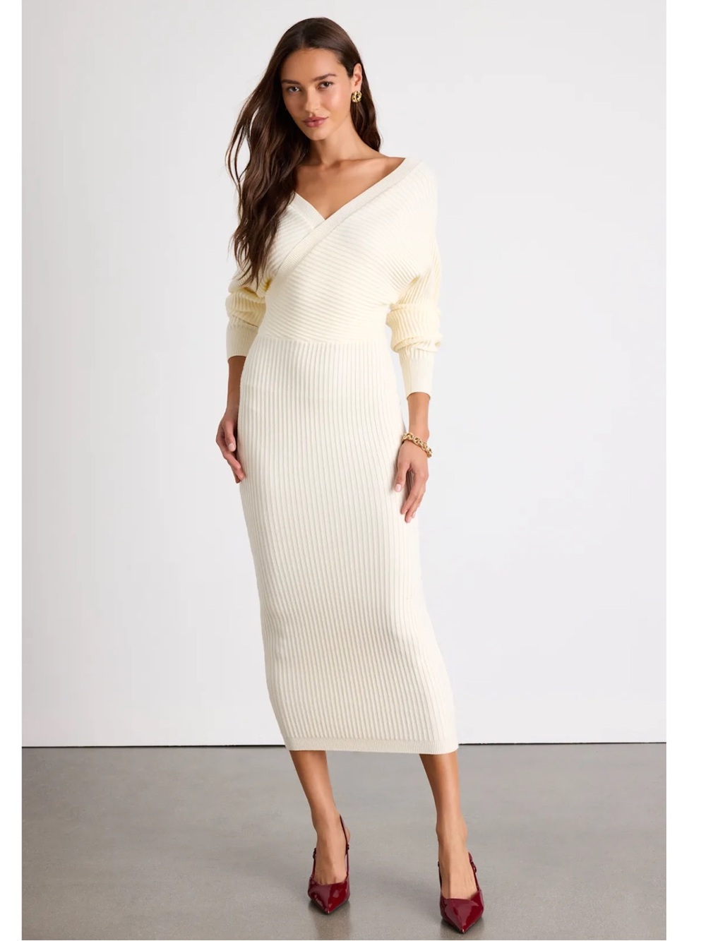 Lulus Bixby Ivory Ribbed Surplice Bodycon Sweater Dolman Sleeve Midi Dress Event